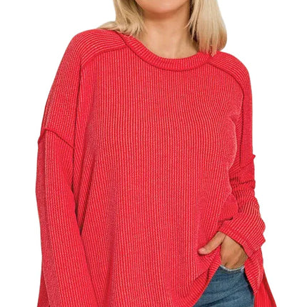 Full Size Exposed Seam Long Sleeve Corded Rib Knit Top Plus Size