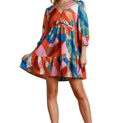 Abstract V-Neck Tiered Printed Dress