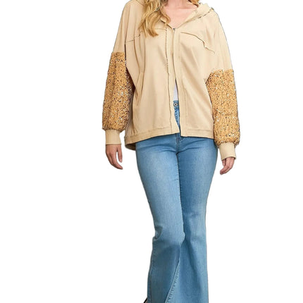 Garden Naked Womens Casual Bomber Jacket Sequin Embellished Hooded Cardigan Sparkly Beige Evening Party