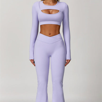 The Lavish Long Sleeve Cut-out Crop Top Flared Leggings 2-Piece Set