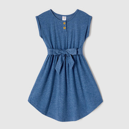Family Matching Blue Cap-sleeve Belted Midi Dresses and Tee: Blue