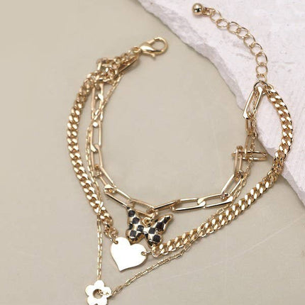 MULTI LAYER CHECKER BUTTERFLY HEART BRACELET | 80B168