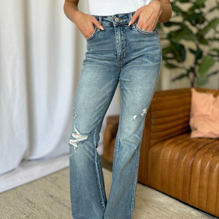 Judy Blue Full Size Medium Rise Tummy Control Destroy Flare Women Jeans