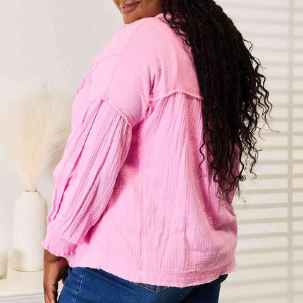 Double Take Exposed Seam Buttoned Notched Neck Women Blouse