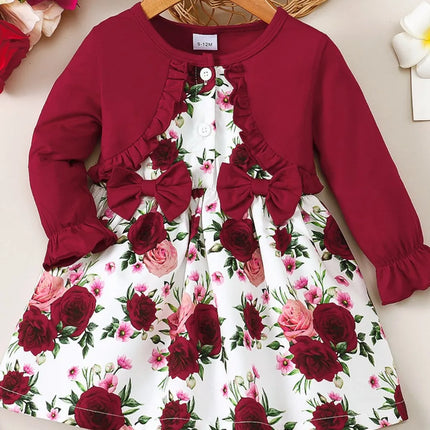 Frill Floral Round Neck Flounce Sleeve Dress
