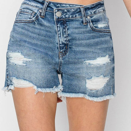 RISEN Stepped Waist Frayed Denim Women Shorts