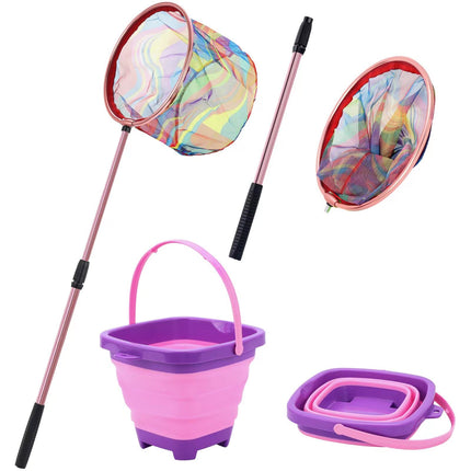 Kids Fishing Net Telescopic Landing Net with Aluminum Pole Handle Collapsible Bucket Kids Sand Pail Butterfly Nets for Kids Fishing Net for Kids Outdoor Playing (Pink)