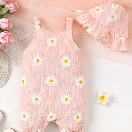 Children's Daisy Textured Wide Strap Romper and Hat Set