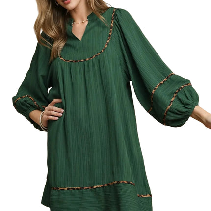 Garden Naked Womens Casual Shift Dress Boho Leopard Trim Pleated Babydoll Mini Green Balloon Sleeve Daily Wear