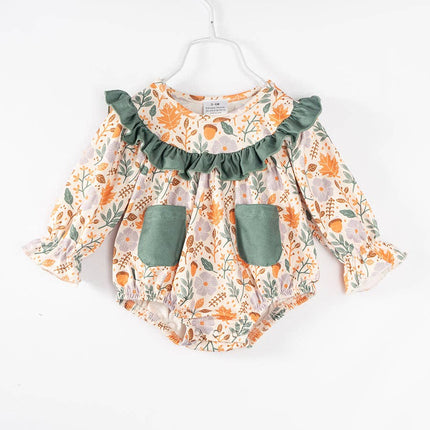 2025 NEW Green Pocket Floral Print Ruffle Baby Girl Romper