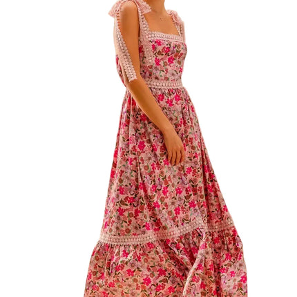 Womens Casual Maxi Dress Floral Print Lace Trim Square Neck Ruffle Hem Sleeveless Summer Pink Sundress