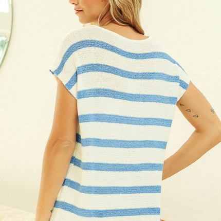BiBi Striped Round Neck Short Sleeve Knit Women Top