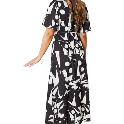 Women's Casual Midi Dress Printed Balloon Sleeve Wrap Dress Rust and White Short-Sleeve Fit