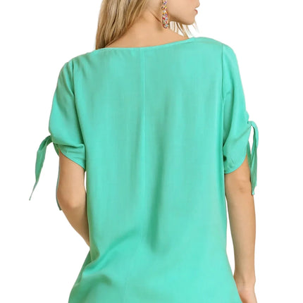 Cold Shoulder Short Sleeve Round Neck Top with Side Slits and Tie-able Knot Details