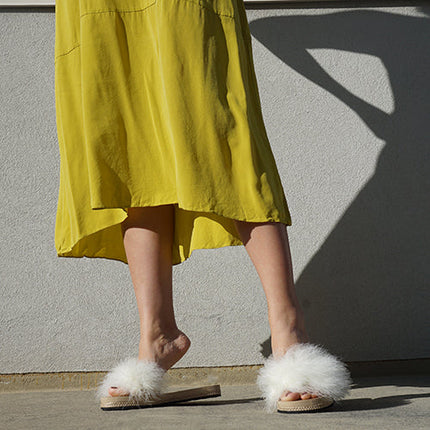 White Feather Espadrille Flat Slide Slippers for Women | Handmade Vegan Leather Sandals