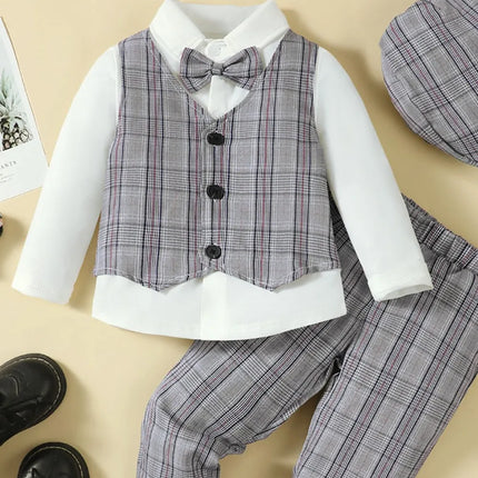 Hat, Long Sleeve Shirt, Plaid Vest and Pants 4-Piece Set