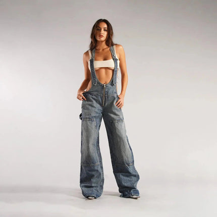Y2K Denim Overalls Women – Zip Front Loose Fit Pocket Jumpsuit