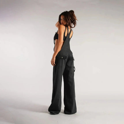 Y2K Denim Overalls Women – Zip Front Loose Fit Pocket Jumpsuit