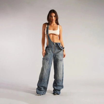 Y2K Denim Overalls Women – Zip Front Loose Fit Pocket Jumpsuit