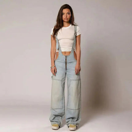 Y2K Denim Overalls Women – Zip Front Loose Fit Pocket Jumpsuit