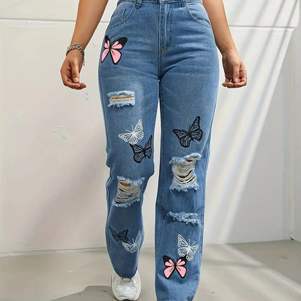 High Waist Distressed Jeans | Flairé™ Butterfly Print Denim