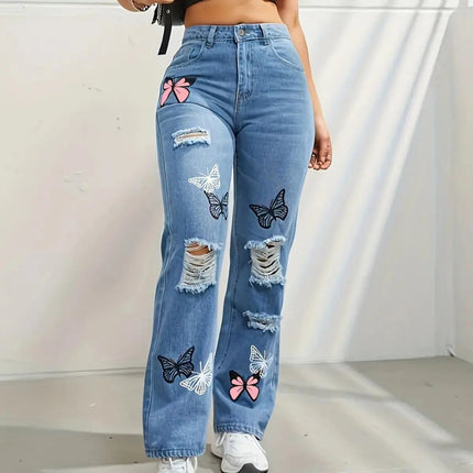 High Waist Distressed Jeans | Flairé™ Butterfly Print Denim
