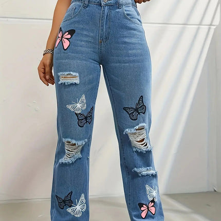 High Waist Distressed Jeans | Flairé™ Butterfly Print Denim