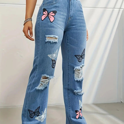 High Waist Distressed Jeans | Flairé™ Butterfly Print Denim