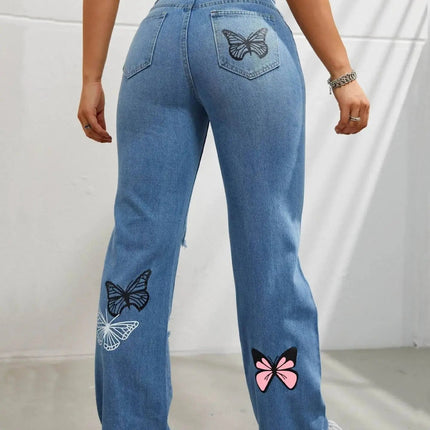 High Waist Distressed Jeans | Flairé™ Butterfly Print Denim