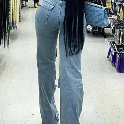 Flairé™ High Waist Ripped Jeans Women – Distressed Raw Hem Denim Pants