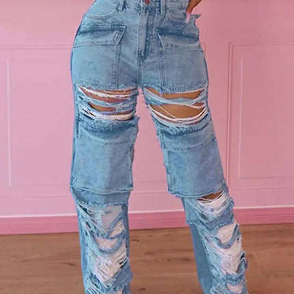 Flairé™ High Waist Ripped Jeans Women – Distressed Raw Hem Denim Pants