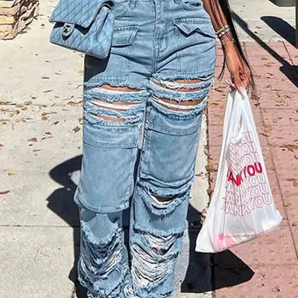 Flairé™ High Waist Ripped Jeans Women – Distressed Raw Hem Denim Pants