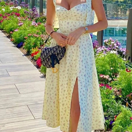 Stylish Floral Print Tie Shoulder Slit Midi Dress