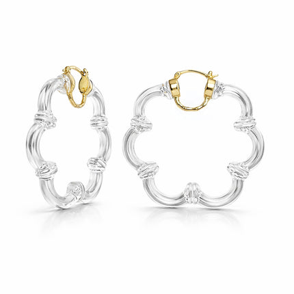 Flower Bamboo Lucite Hoop Earrings