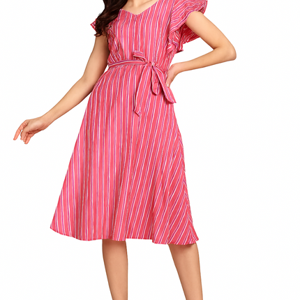 Pink Striped Fit & Flare Dress with Waist Tie-Up  (Size-S)