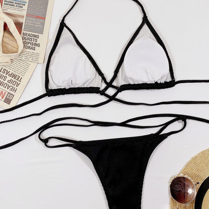 Stylish Halter Neck Crisscross Ribbed Bikini Set