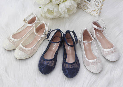 White New Lace Ballet Flats with Ankle Strap