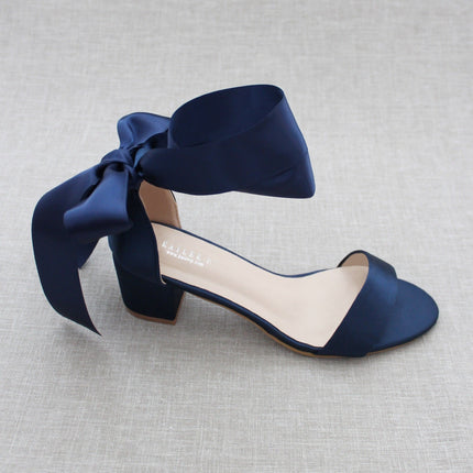 Satin Girls Block Heel Sandal with Wrapped Ribbon Tie