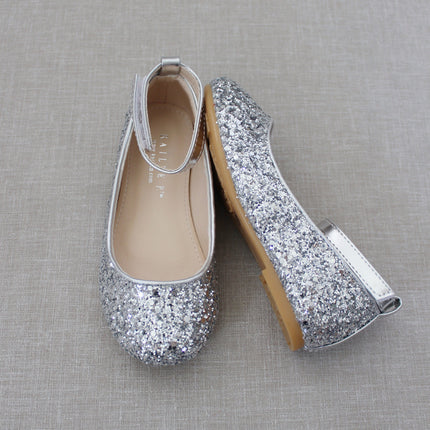 Rock Glitter Ballet Flats With Velcro Ankle Strap