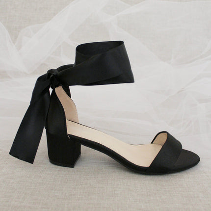 Satin Girls Block Heel Sandal with Wrapped Ribbon Tie