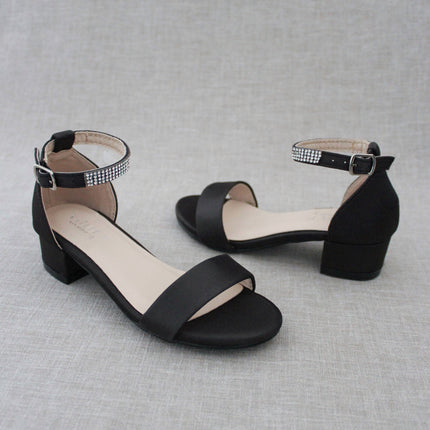 Satin Girls Block Heel Sandals with Mini Rhinestones Embellished Ankle Strap