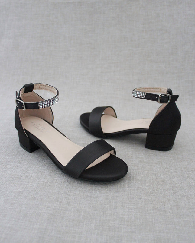 Satin Girls Block Heel Sandals with Mini Rhinestones Embellished Ankle Strap