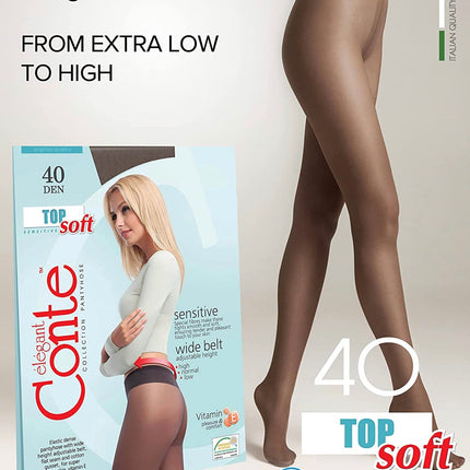 Conte Top Soft 40 Den - Classic Women's Tights Sheer to Waist T-top Low Waist Vitamin E (14С-37СП)