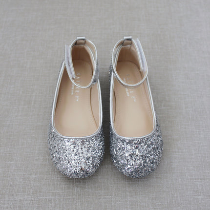 Rock Glitter Ballet Flats With Velcro Ankle Strap