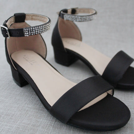 Satin Girls Block Heel Sandals with Mini Rhinestones Embellished Ankle Strap