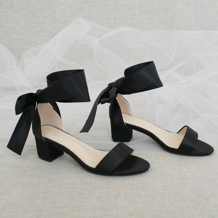 Satin Girls Block Heel Sandal with Wrapped Ribbon Tie