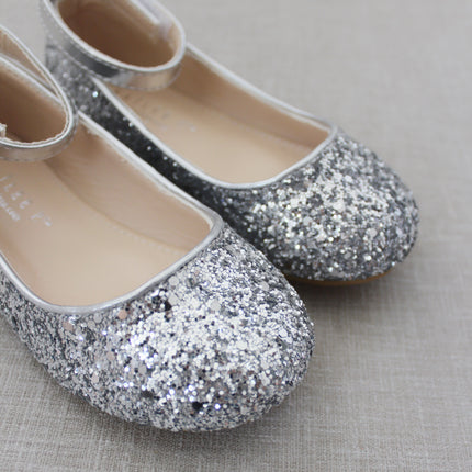 Rock Glitter Ballet Flats With Velcro Ankle Strap