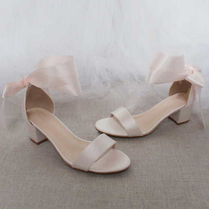 Satin Girls Block Heel Sandal with Wrapped Ribbon Tie
