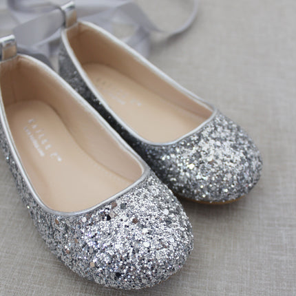 Rock Glitter Ballet Flats With Satin Ankle Strap
