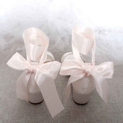 Satin Girls Block Heel Sandal with Wrapped Ribbon Tie